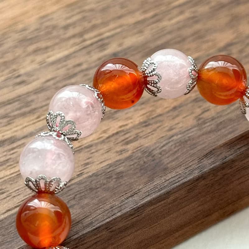 【巨蟹獅子天秤天蠍座|7月10月】紅瑪瑙粉晶花鍍銀手鏈 鼓勵 桃花