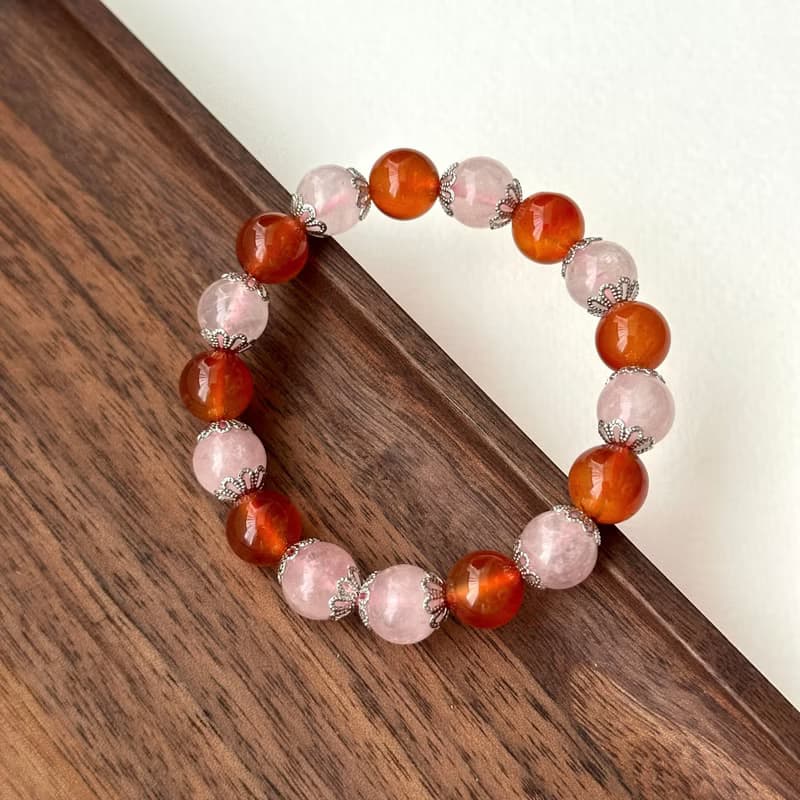 【巨蟹獅子天秤天蠍座|7月10月】紅瑪瑙粉晶花鍍銀手鏈 鼓勵 桃花