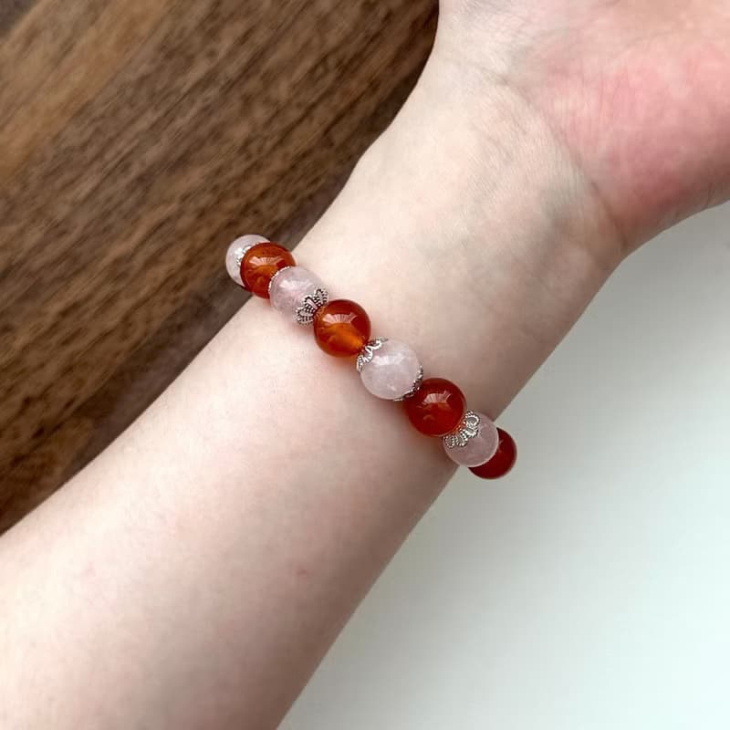 【巨蟹獅子天秤天蠍座|7月10月】紅瑪瑙粉晶花鍍銀手鏈 鼓勵 桃花