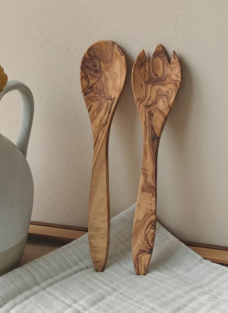手工製橄欖木沙律匙和叉–兩件組