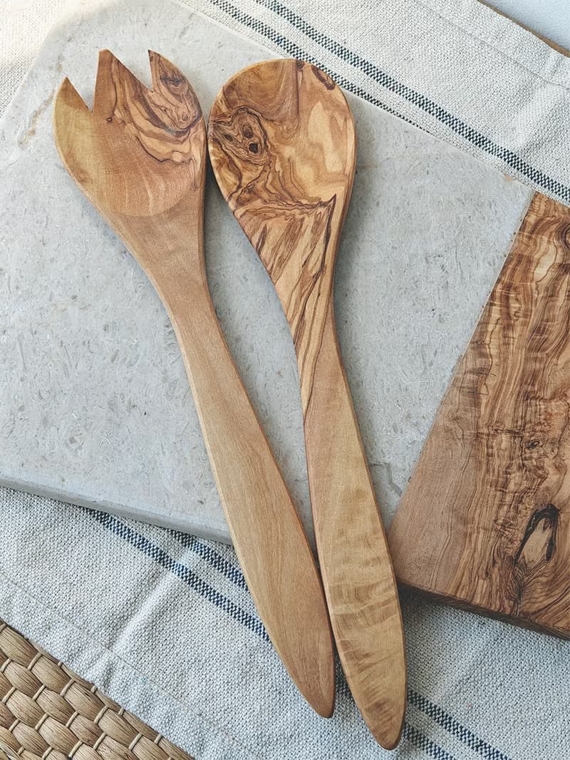 手工製橄欖木沙律匙和叉–兩件組