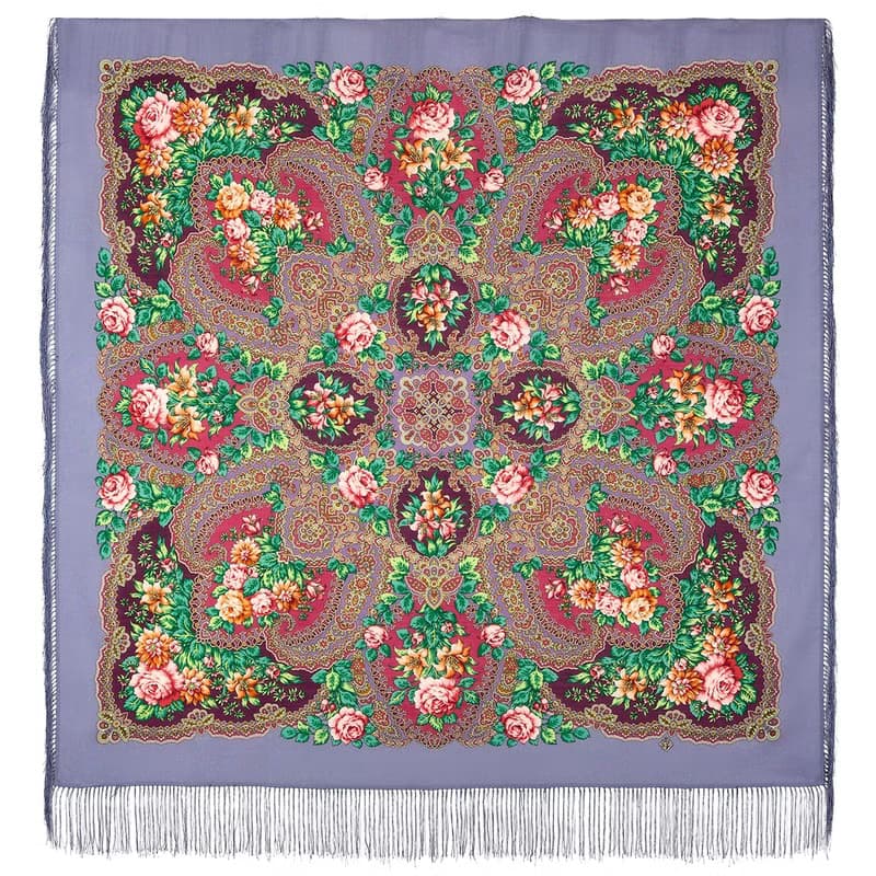 Pavlovo Posad Russian Shawl 100% Wool Scarf 125x125 cm Wrap Silk Fringe 1882-1