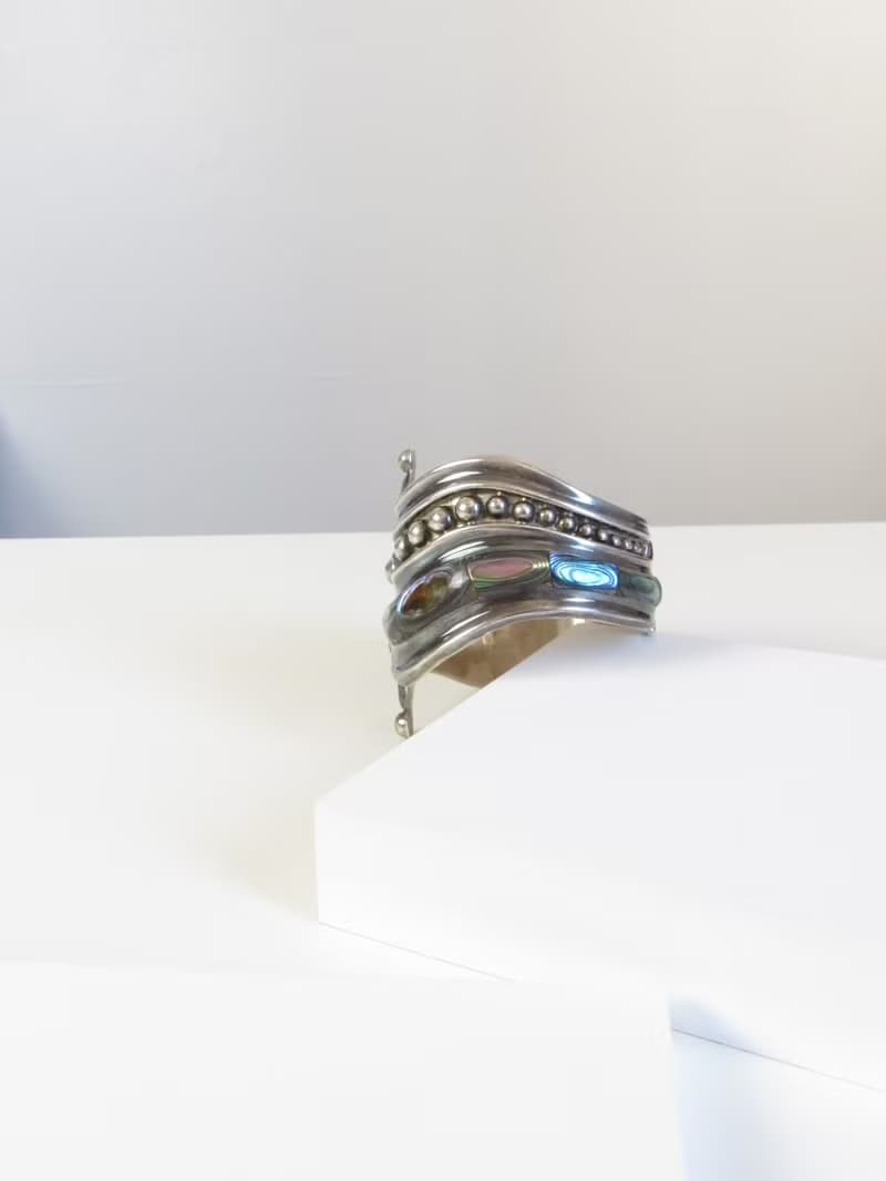 Vintage 925 Sterling Silver Abalone Cuff Bracelet