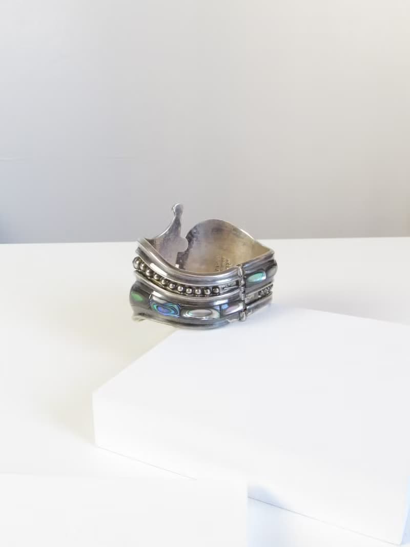 Vintage 925 Sterling Silver Abalone Cuff Bracelet