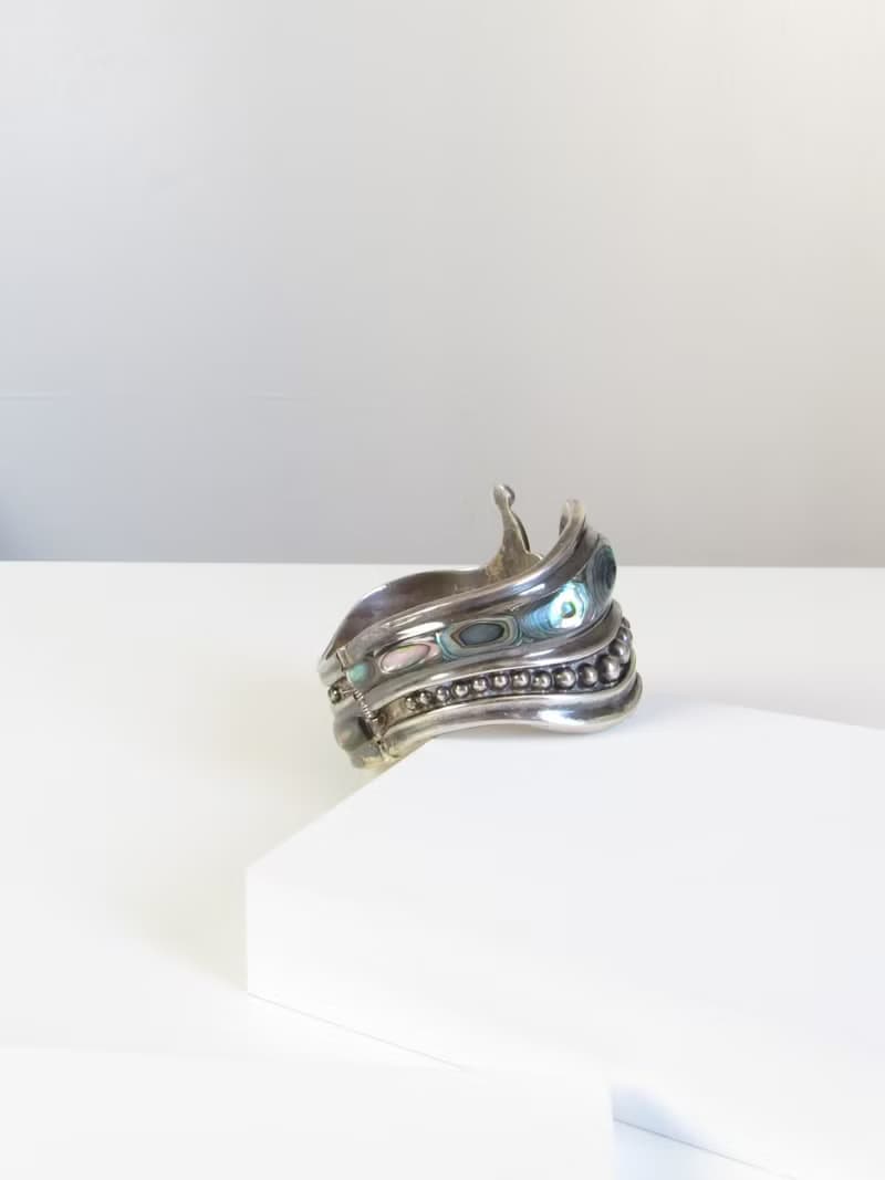 Vintage 925 Sterling Silver Abalone Cuff Bracelet
