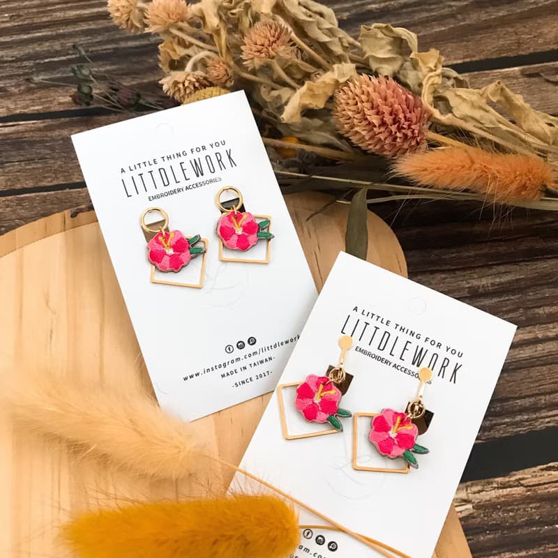 刺繡耳環 | 耳夾 / 耳釘 / 耳勾 - 小紅花