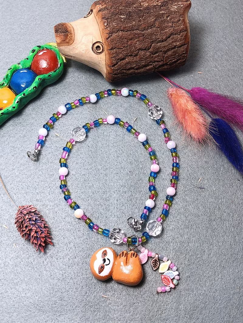 懶懶樹櫴 手作黏土項鍊 陶土 手繪捏製 鋼絲線不銹鋼釦 串珠