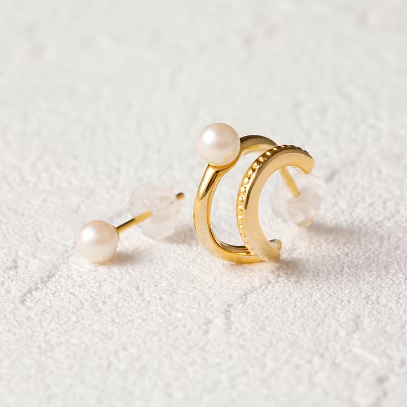 asymmetry-pearl pierced earring GD　ニッケルフリーピアス　おしゃれなアシンメトリーデザイン 　パール　ゴールド