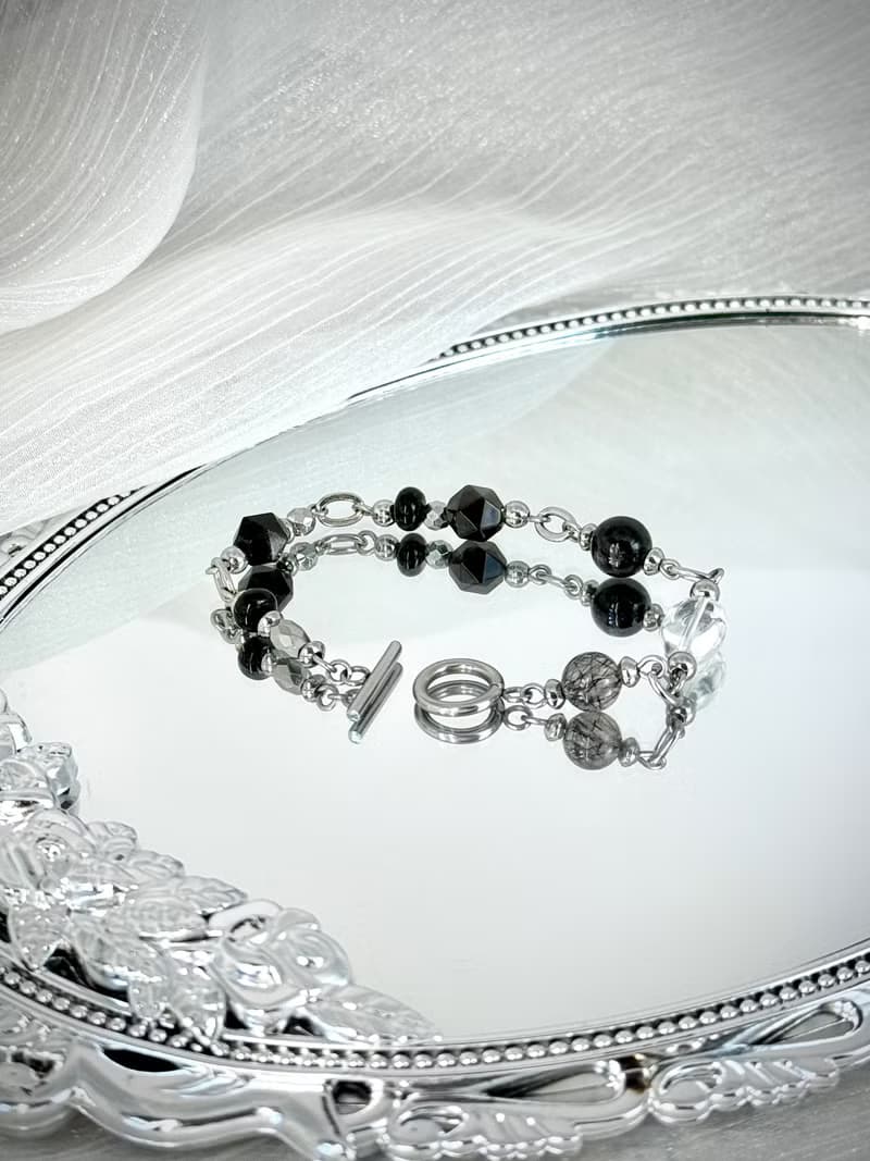 星空畫布水晶手鍊 - 醫療鋼/白水晶/金運石/黑髮晶/黑瑪瑙