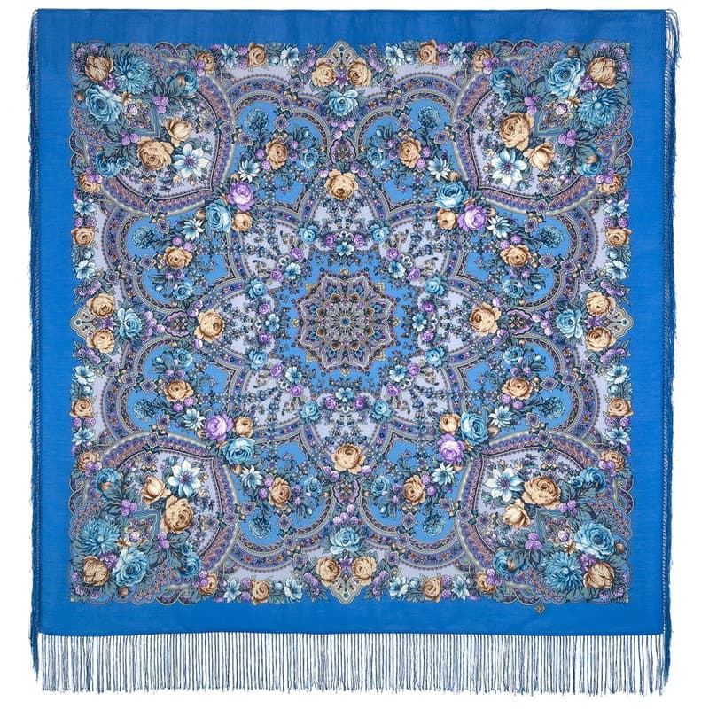 Pavlovo Posad Russian Shawl 100% Wool Scarf 125x125 cm Wrap Silk Fringe 1851-13