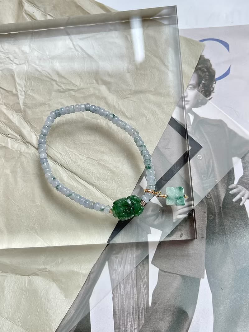 滿濃綠蓮花翡翠14k包金手串 手鍊|天然緬甸翡翠