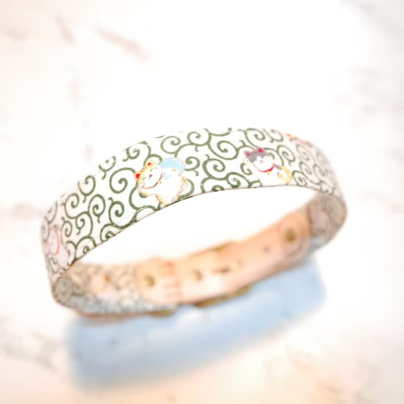 狗 項圈 L號 我的招財貓 日本布 和風 綠色 花紋 附鈴鐺 植楺皮 不含吊牌