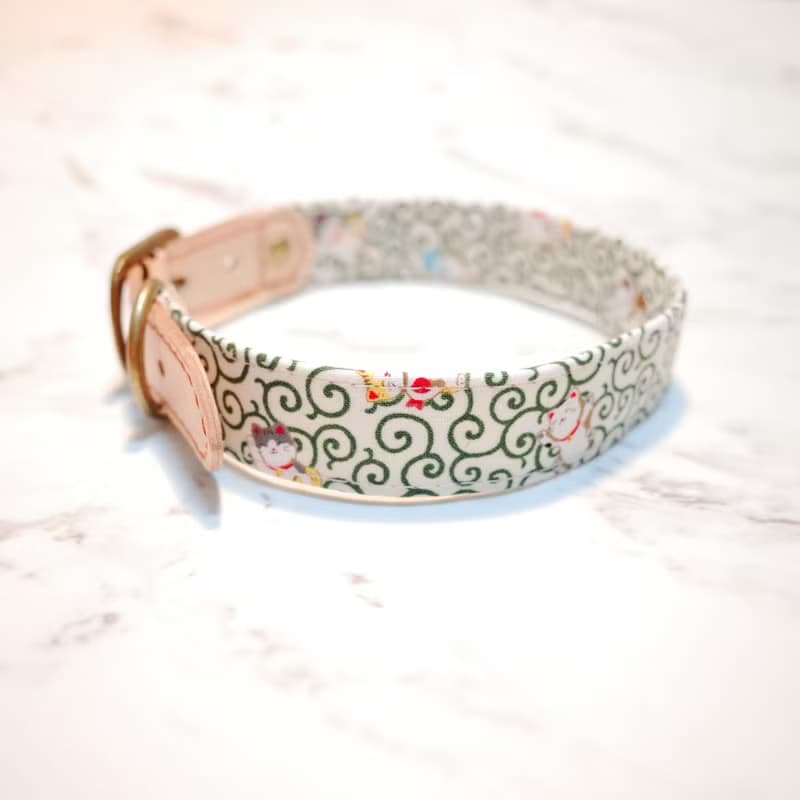 狗 項圈 L號 我的招財貓 日本布 和風 綠色 花紋 附鈴鐺 植楺皮 不含吊牌