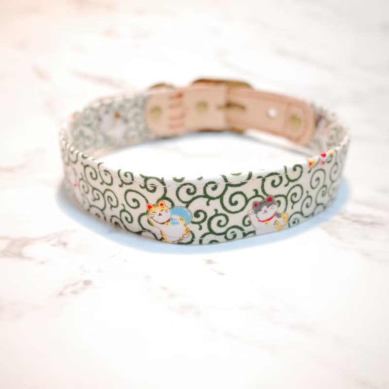 狗 項圈 L號 我的招財貓 日本布 和風 綠色 花紋 附鈴鐺 植楺皮 不含吊牌