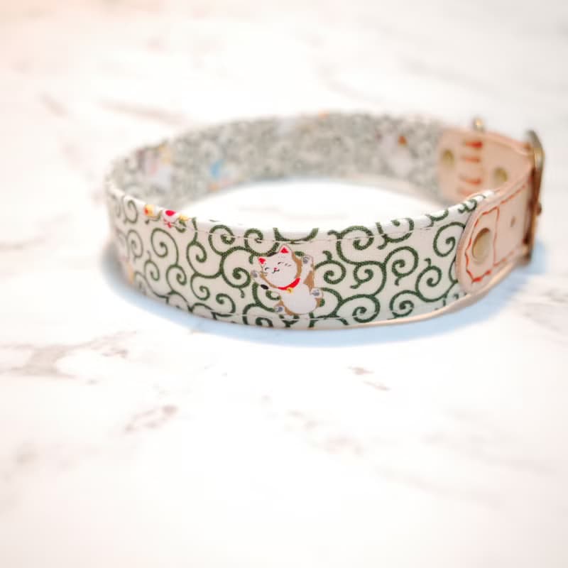 狗 項圈 L號 我的招財貓 日本布 和風 綠色 花紋 附鈴鐺 植楺皮 不含吊牌