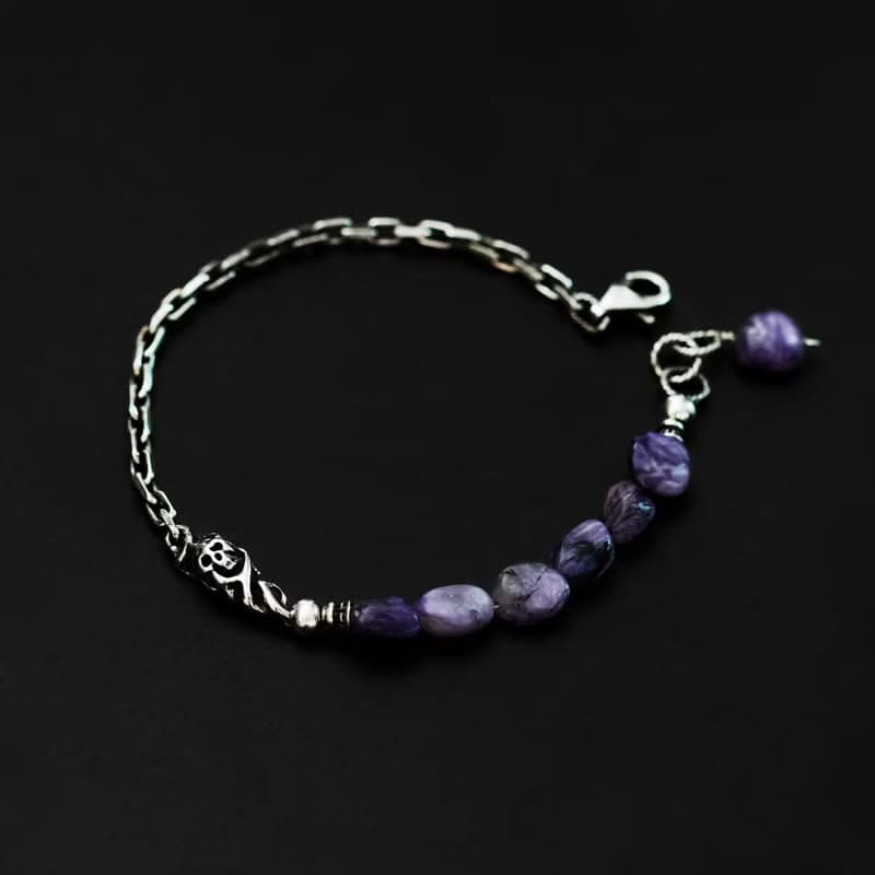 Charoite Skull Silver Chain Bracelet