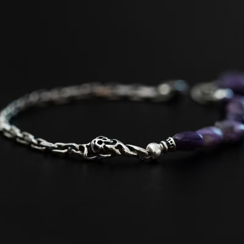 Charoite Skull Silver Chain Bracelet