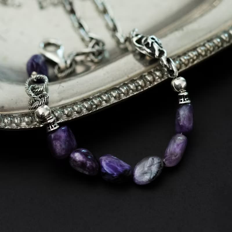 Charoite Skull Silver Chain Bracelet