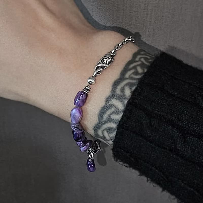 Charoite Skull Silver Chain Bracelet