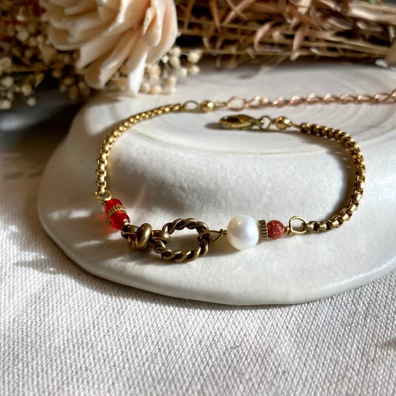 老林雜貨 | 珍珠紅瑪瑙黃銅手鍊