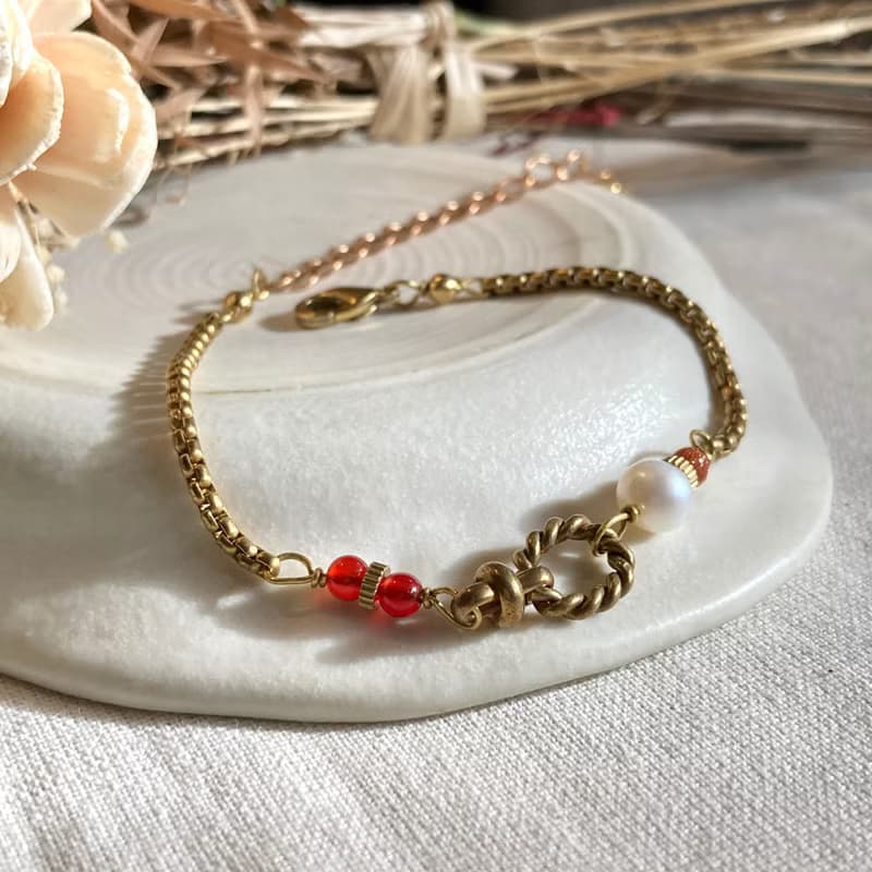 老林雜貨 | 珍珠紅瑪瑙黃銅手鍊