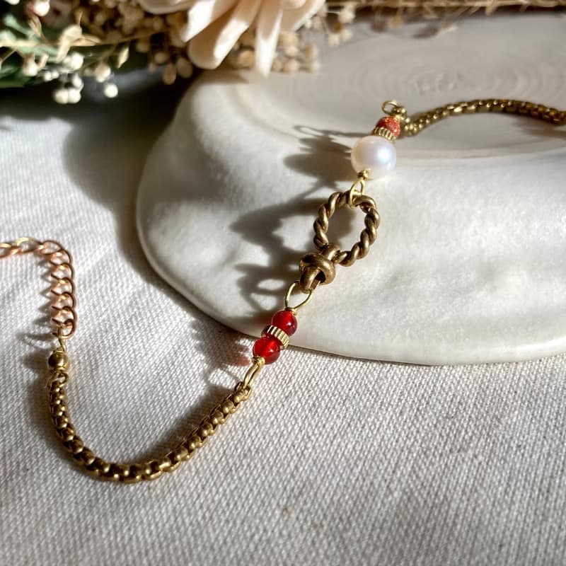 老林雜貨 | 珍珠紅瑪瑙黃銅手鍊