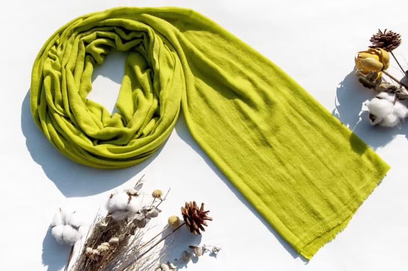喀什米爾Cashmere/羊絨圍巾/純羊毛圍巾披巾/戒指絨披肩-蘋果綠色