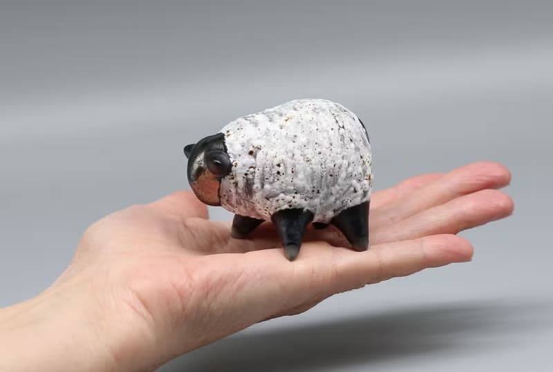 Handmade Ceramic Sheep Sculpture – Black & White Minimalist Animal Figurine