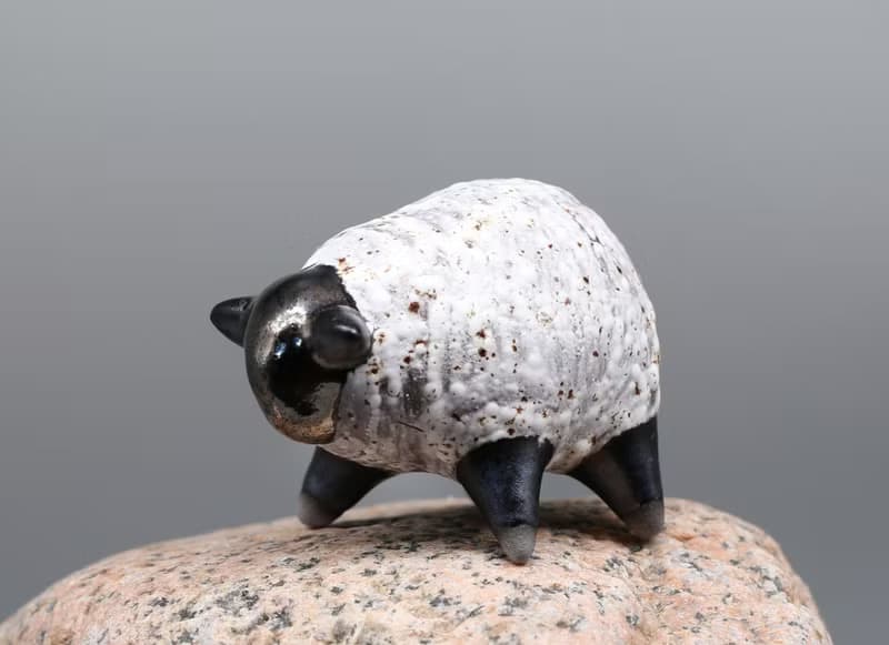 Handmade Ceramic Sheep Sculpture – Black & White Minimalist Animal Figurine