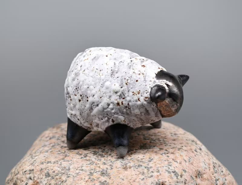 Handmade Ceramic Sheep Sculpture – Black & White Minimalist Animal Figurine