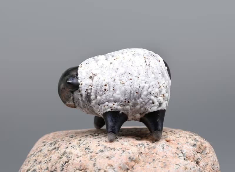 Handmade Ceramic Sheep Sculpture – Black & White Minimalist Animal Figurine