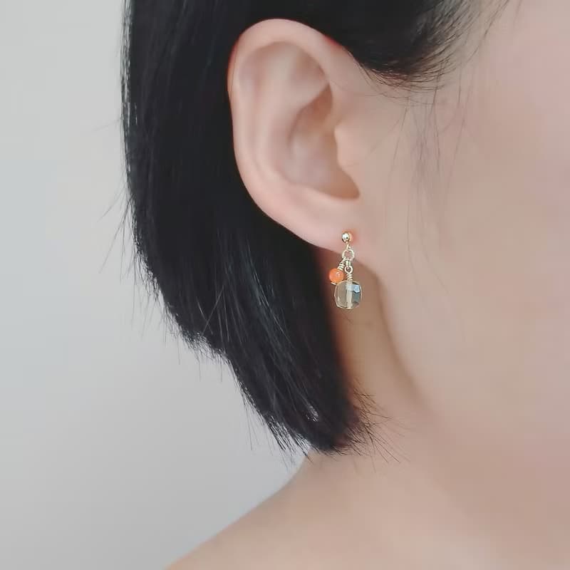 檸檬晶切面小方塊 蜜桃橘東菱玉 14K GF 包金 小垂墜耳環