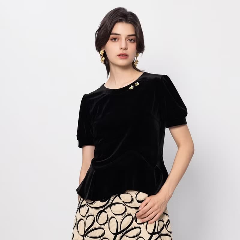 【MEDUSA】高雅天鵝絨短袖裙擺上衣(M-XL) | 女上衣 小禮服上衣