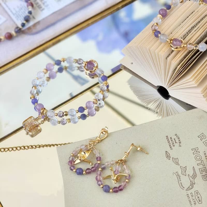 醉入藍花楹 | 丹泉石 紫水晶 天然水晶手鍊 彈性鍊 可改磁扣延長