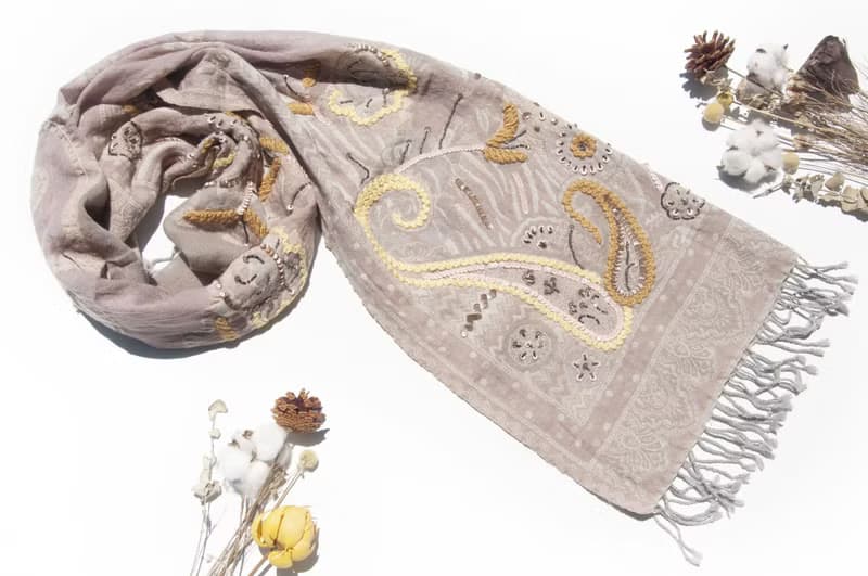 喀什米爾Cashmere/水煮羊毛披肩/針織圍巾/刺繡圍巾/羊絨披巾-花