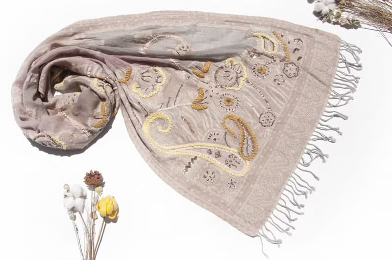 喀什米爾Cashmere/水煮羊毛披肩/針織圍巾/刺繡圍巾/羊絨披巾-花
