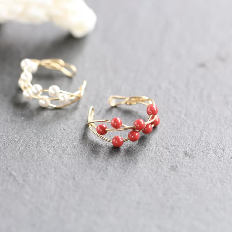 2Way Ring & Ear cuff Handmade 14kgf Swarovski Pearl Coral Twist Ring 【gift box】