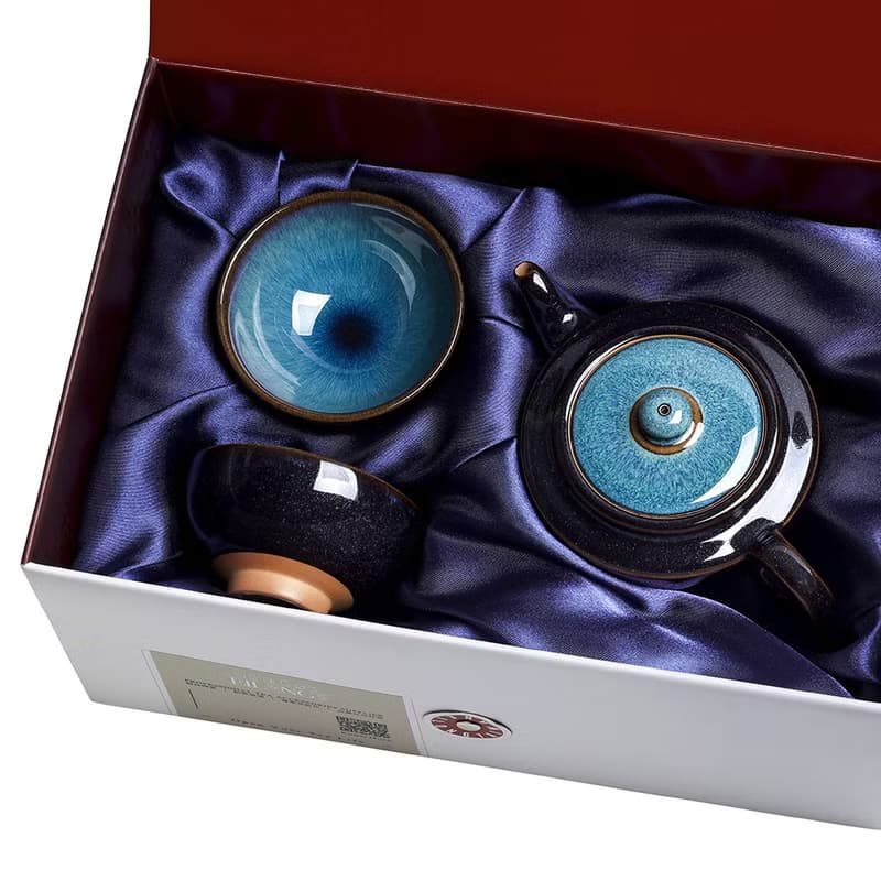 天目曜變3入禮盒-藍(壺+2杯)