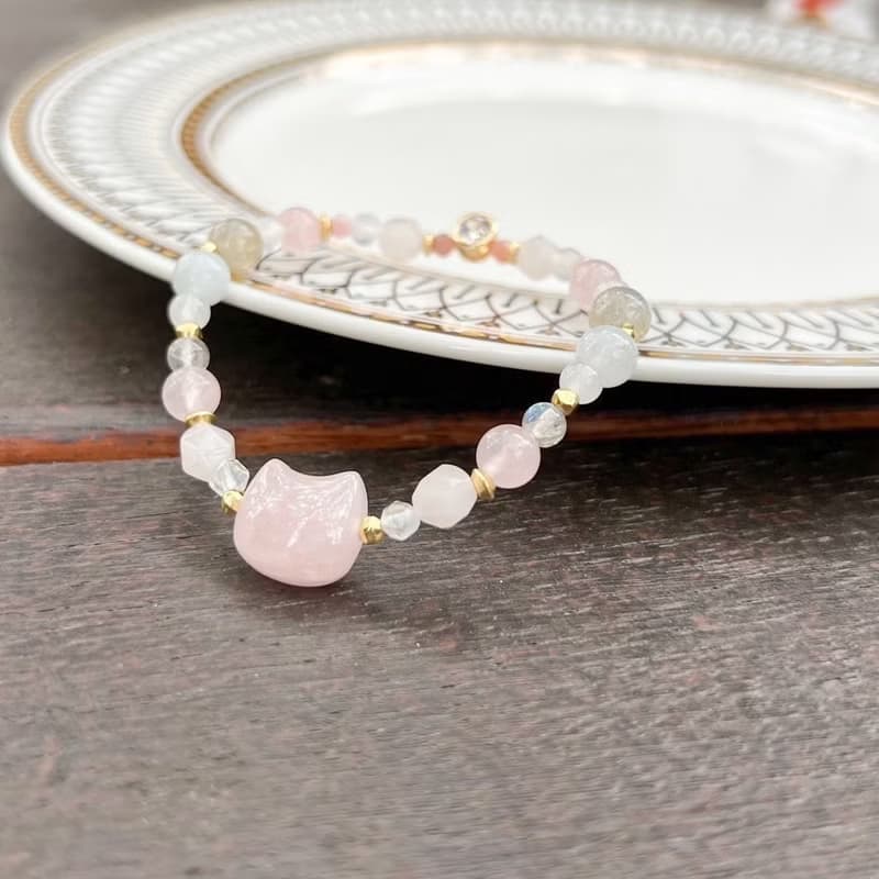 【貓女伯爵】貓咪頭粉水晶手鍊