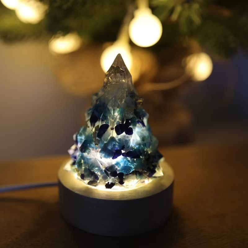 【情人節禮物】藍色金箔水晶聖誕樹小夜燈-奧剛能量樹/療癒海藍寶