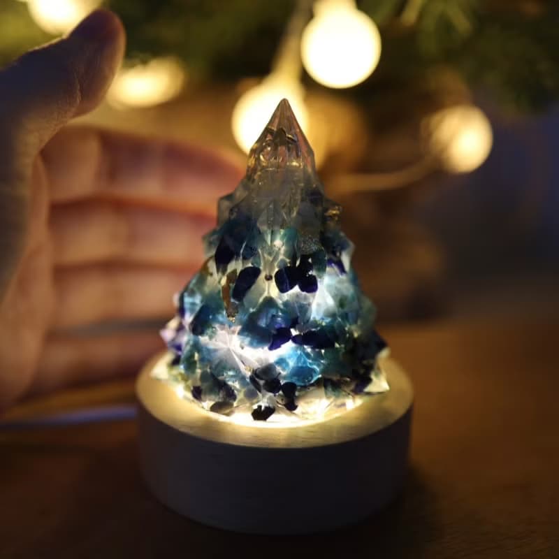 【情人節禮物】藍色金箔水晶聖誕樹小夜燈-奧剛能量樹/療癒海藍寶