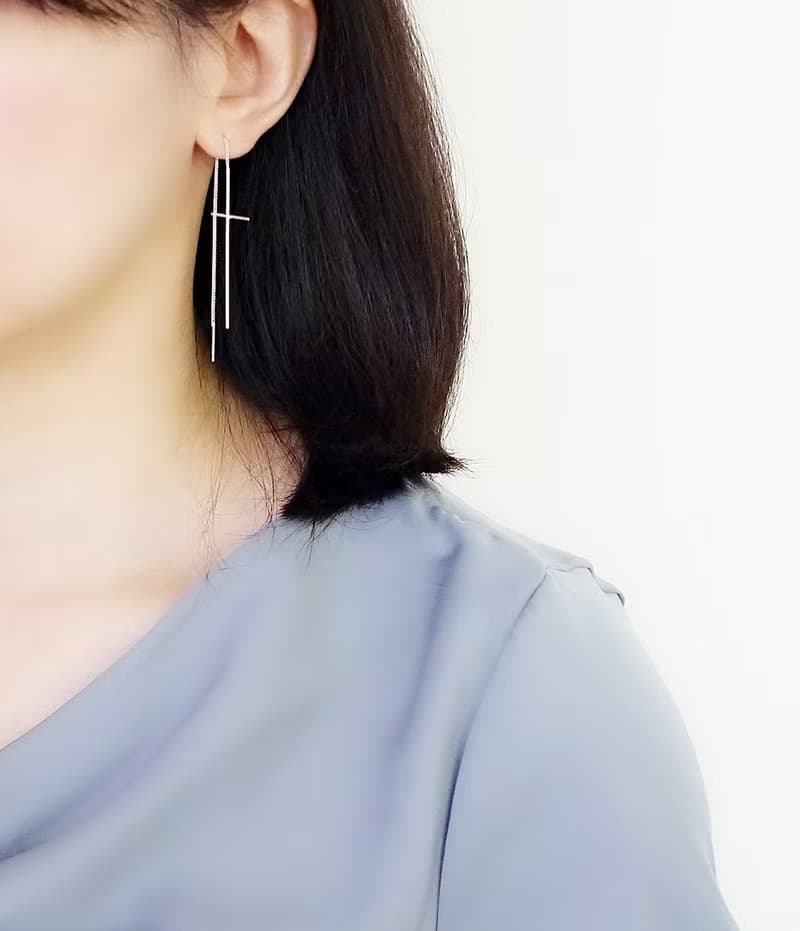 十字信念耳線式純銀耳環 | 長線條垂墜式925純銀耳環 女生禮物