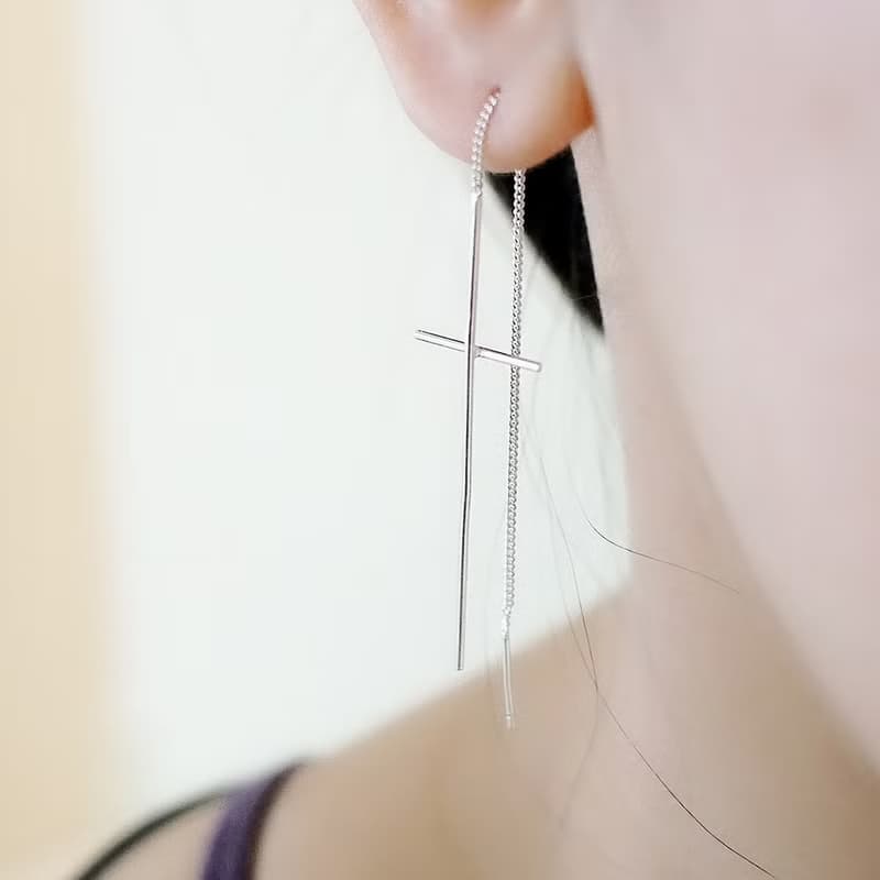 十字信念耳線式純銀耳環 | 長線條垂墜式925純銀耳環 女生禮物