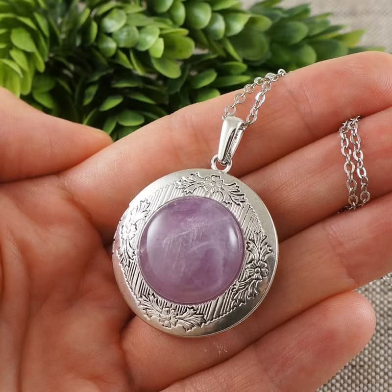 Amethyst Photo Locket Lilac Purple Violet Lavender Pendant Necklace Jewelry Gift