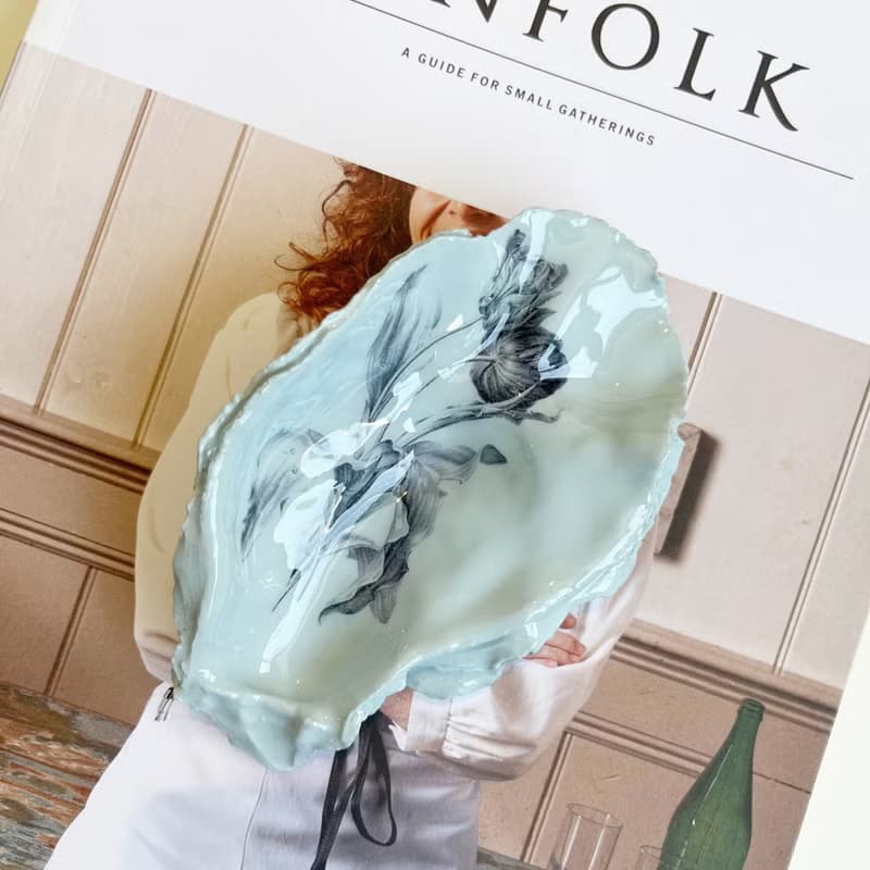 淡蓝色贝壳托盘、郁金香贝壳饰品盘、装饰托盘