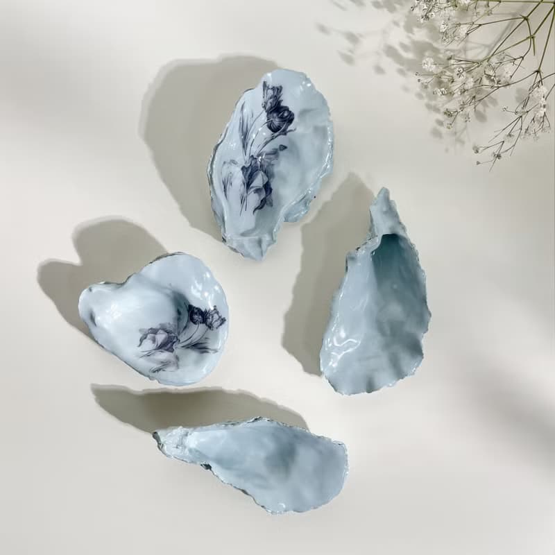 淡蓝色贝壳托盘、郁金香贝壳饰品盘、装饰托盘