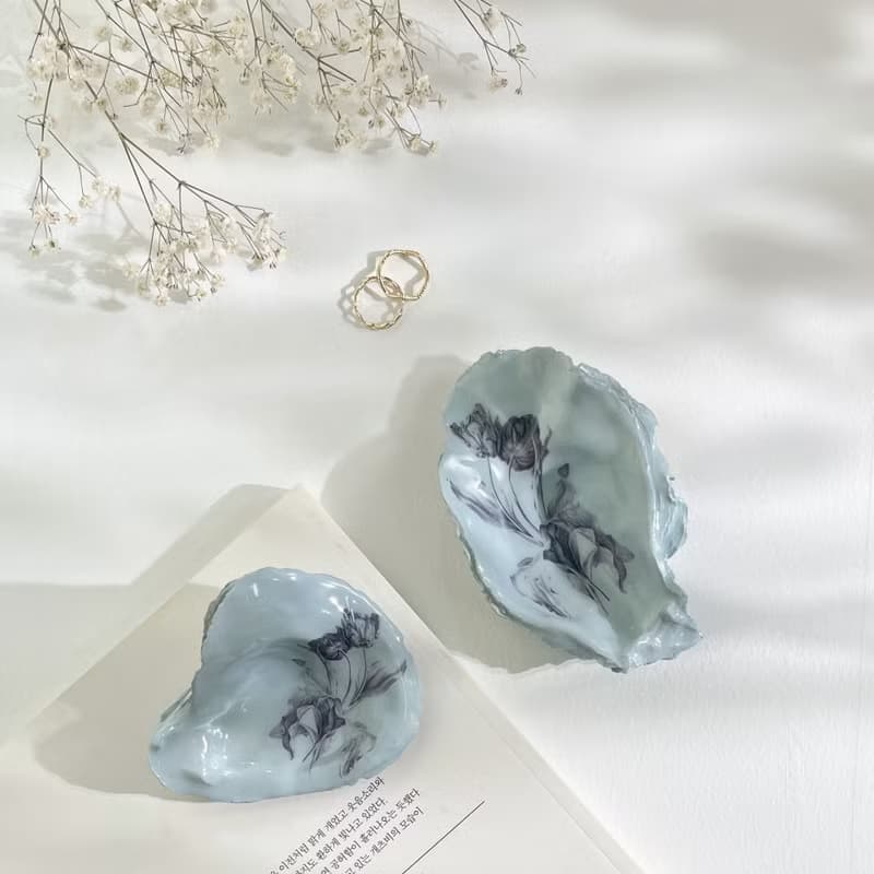 淡蓝色贝壳托盘、郁金香贝壳饰品盘、装饰托盘