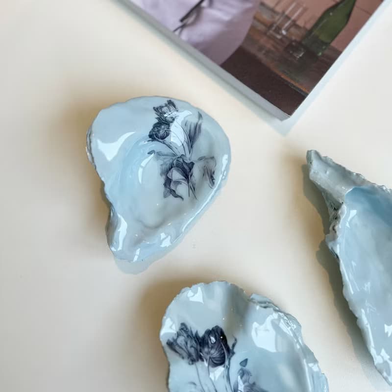 淡蓝色贝壳托盘、郁金香贝壳饰品盘、装饰托盘