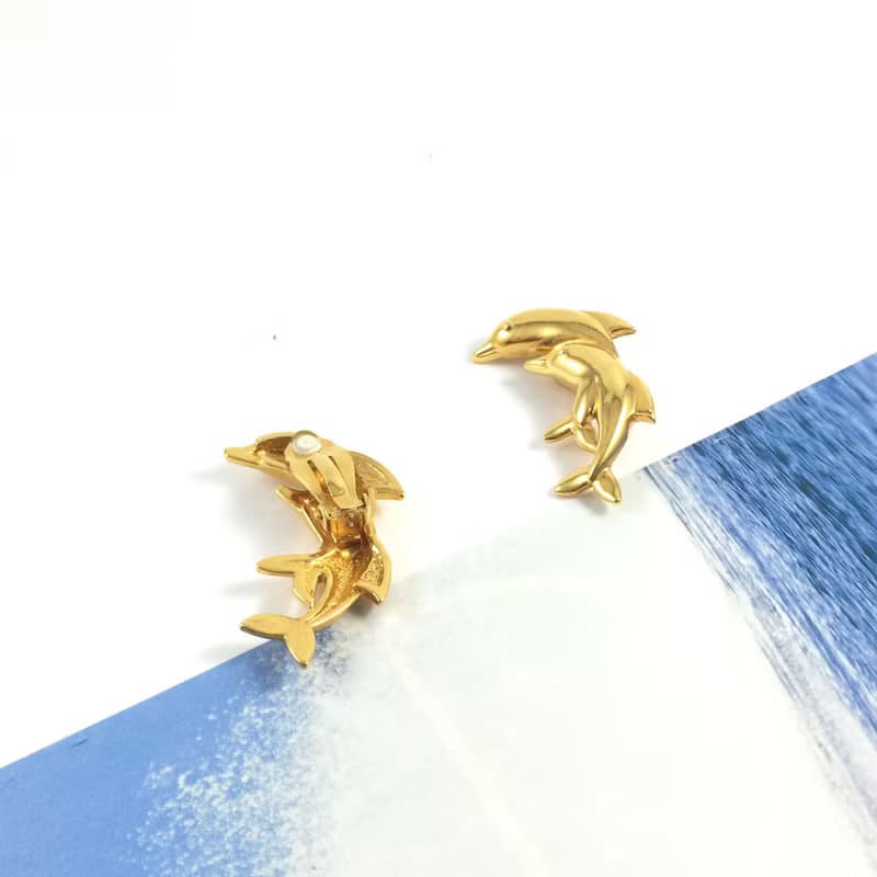 Vintage Half Moon Gold Dolphin Twins Clip On Earrings