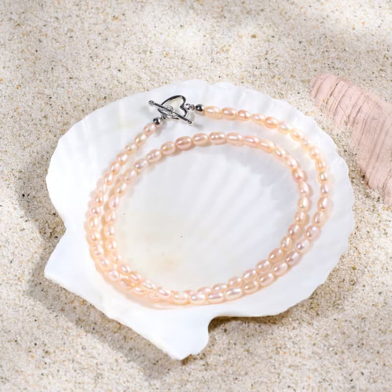 天然粉色米型珍珠項鍊 6–7mm 銀色愛心扣 柔美動人 紀念日禮物